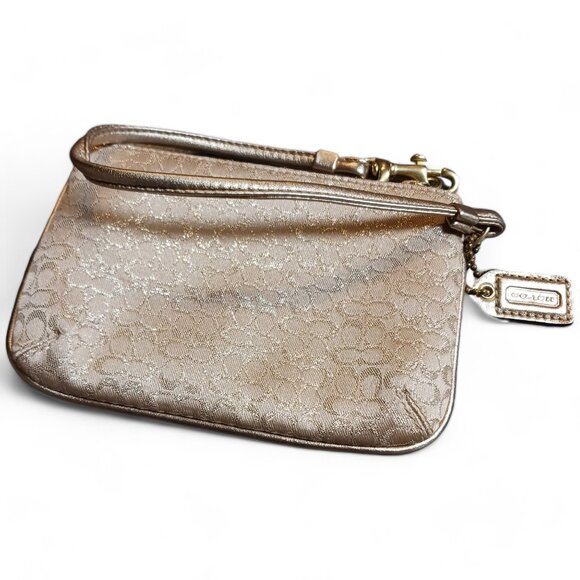 Coach Gold Metallic Leather Jacquard Gold Thread Monogram C Wristlet Clutch - Picture 4 of 8